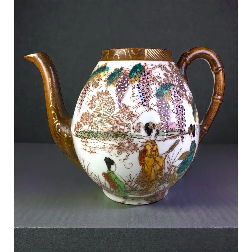 Antique Japanese Kutani Moriage Porcelain Tea Coffee Pitcher Meiji Gilt Decor